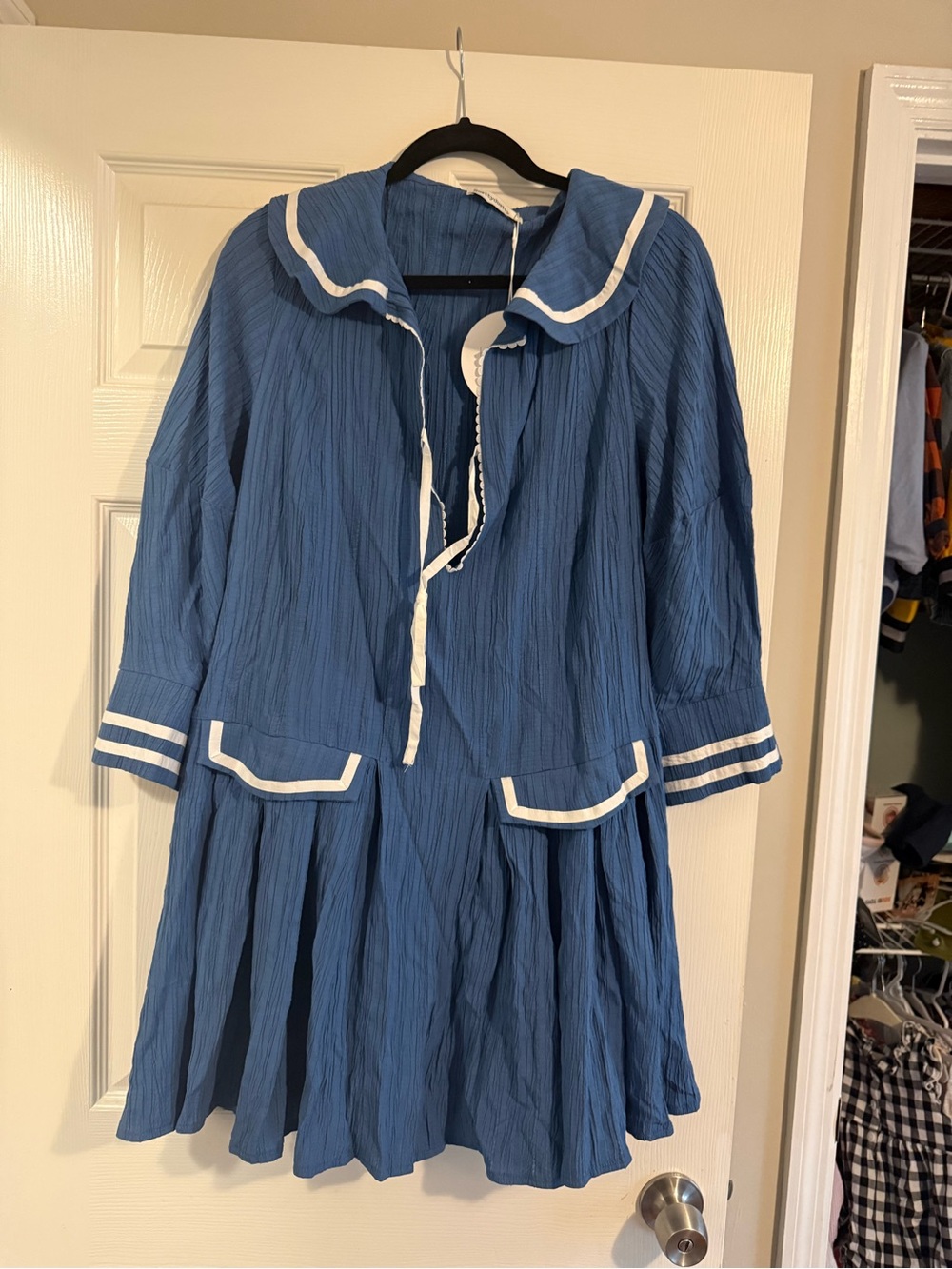 Blue Sailor-Collar Mini Dress with White Trim
